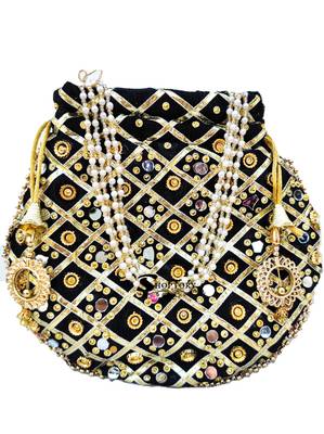 Wristlets Ethnic Potli For Women Party Wear Designer Matka Rajasthani Style Royal Mirror Work Potli Bags - Black 2