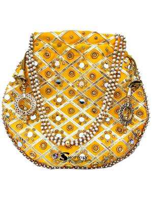 Wristlets Ethnic Potli For Women Party Wear Designer Matka Rajasthani Style Royal Mirror Work Potli Bags - Yellow 2