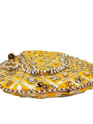 Wristlets Ethnic Potli For Women Party Wear Designer Matka Rajasthani Style Royal Mirror Work Potli Bags - Yellow 3