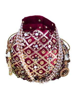 Wristlets Ethnic Potli For Women Party Wear Designer Matka Rajasthani Style Royal Mirror Work Potli Bags - Maroon 1