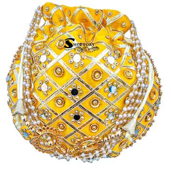 Wristlets Ethnic Potli For Women Party Wear Designer Matka Rajasthani Style Royal Mirror Work Potli Bags - Yellow 5