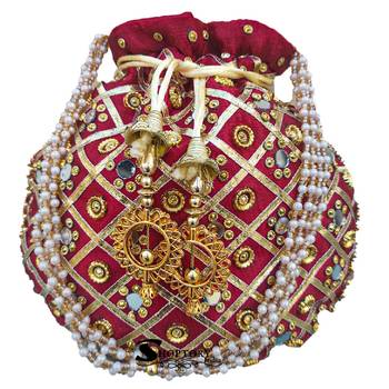Wristlets Ethnic Potli For Women Party Wear Designer Matka Rajasthani Style Royal Mirror Work Potli Bags - Maroon 3