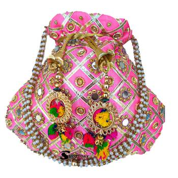 Wristlets Ethnic Potli For Women Party Wear Designer Matka Rajasthani Style Royal Mirror Work Potli Bags - Light Pink 1