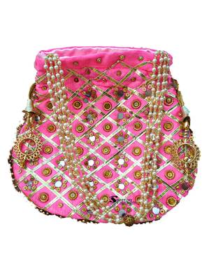 Wristlets Ethnic Potli For Women Party Wear Designer Matka Rajasthani Style Royal Mirror Work Potli Bags - Light Pink 2