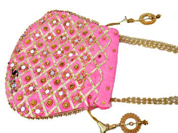 Wristlets Ethnic Potli For Women Party Wear Designer Matka Rajasthani Style Royal Mirror Work Potli Bags - Light Pink 3
