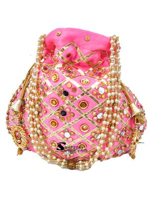 Wristlets Ethnic Potli For Women Party Wear Designer Matka Rajasthani Style Royal Mirror Work Potli Bags - Light Pink 5