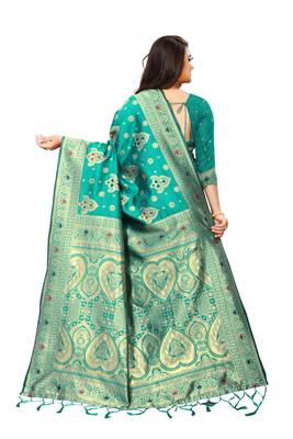 teal green  art silk with  zari work  sarees 2