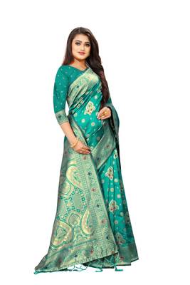 teal green  art silk with  zari work  sarees 3