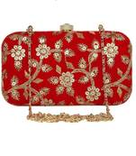 Handicraft Partwear Hand Embroidered Box Clutch Bag Purse For Bridal, Casual, Party, Wedding - Red