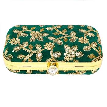 Handicraft Partwear Hand Embroidered Box Clutch Bag Purse For Bridal, Casual, Party, Wedding - Green 3