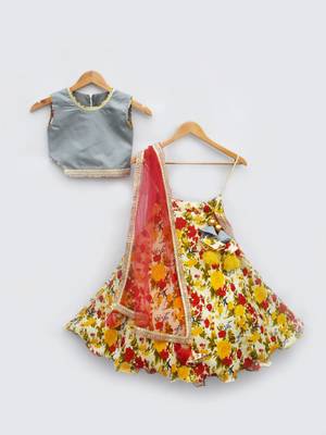 Blue Choli with Flower Printed Lehenga 1