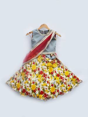 Blue Choli with Flower Printed Lehenga 2
