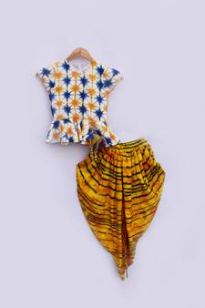 White Printed Peplum Top with Yellow Tie and Die Dhoti