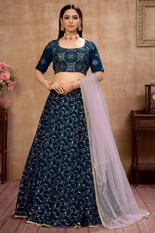 Blue foilage print georgette semi stitched bridal lehenga