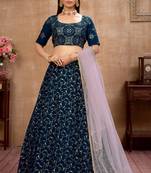 Blue foilage print georgette semi stitched bridal lehenga