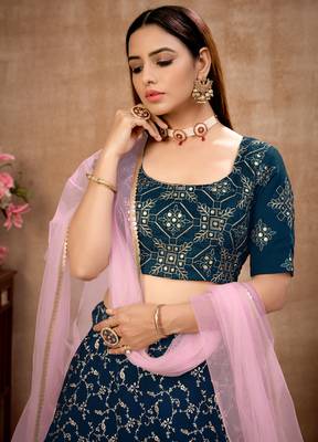 Blue foilage print georgette semi stitched bridal lehenga 2