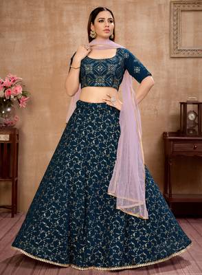 Blue foilage print georgette semi stitched bridal lehenga 3