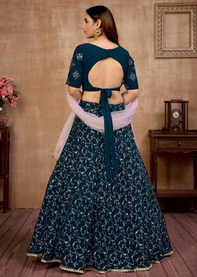 Blue foilage print georgette semi stitched bridal lehenga 4