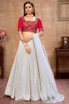 White Metallic foilage print georgette semi stitched bridal lehenga