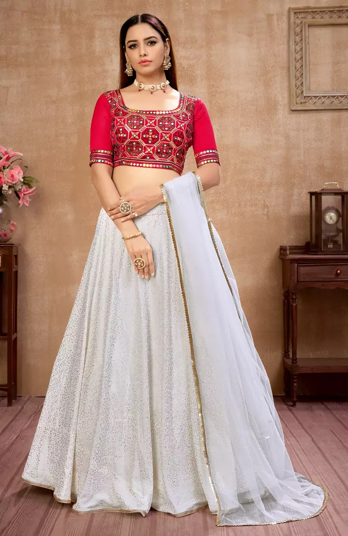 White Metallic foilage print georgette semi stitched bridal lehenga