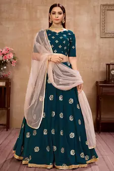 Teal Blue zari and Sequins embroidered georgette semi stitched bridal lehenga