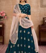 Teal Blue zari and Sequins embroidered georgette Semi Stitched Bridal Lehenga