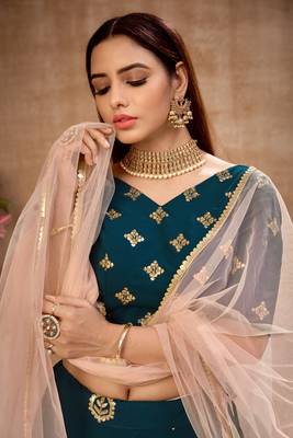 Teal Blue zari and Sequins embroidered georgette Semi Stitched Bridal Lehenga 2