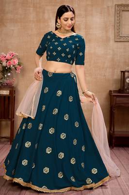 Teal Blue zari and Sequins embroidered georgette Semi Stitched Bridal Lehenga 3