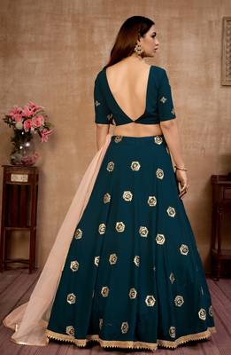 Teal Blue zari and Sequins embroidered georgette Semi Stitched Bridal Lehenga 4
