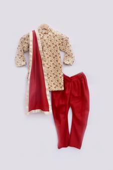 Beige Embroidery Ajkan with Red Churidar