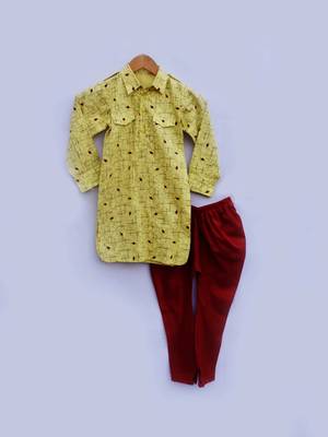 Yellow Printed Kurta with Red Churidar 1
