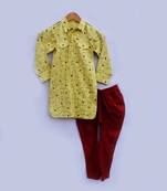 Yellow Printed Kurta with Red Churidar