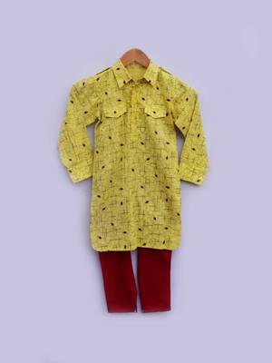 Yellow Printed Kurta with Red Churidar 2