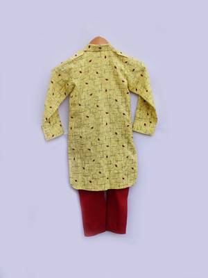 Yellow Printed Kurta with Red Churidar 3