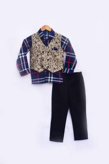 Brocade Waist Coat with Blue Check Shirt and Black Pant