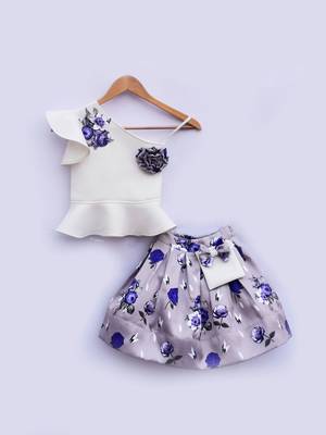 White Lycra Peplum Top with Printed Skirt 1