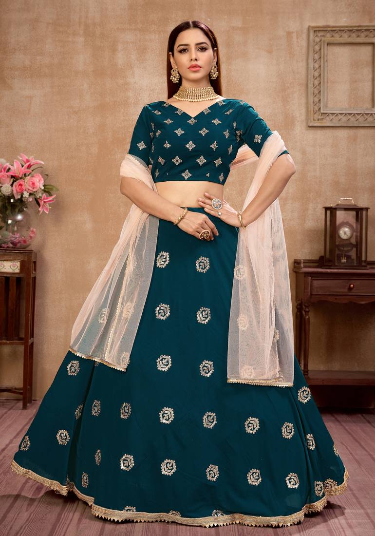 Teal Blue zari and Sequins embroidered georgette Semi Stitched Bridal Lehenga