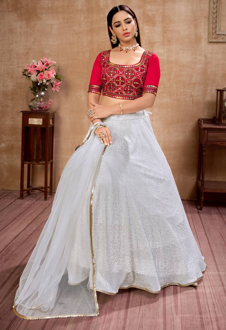 White Metallic foilage print georgette Semi Stitched Bridal Lehenga