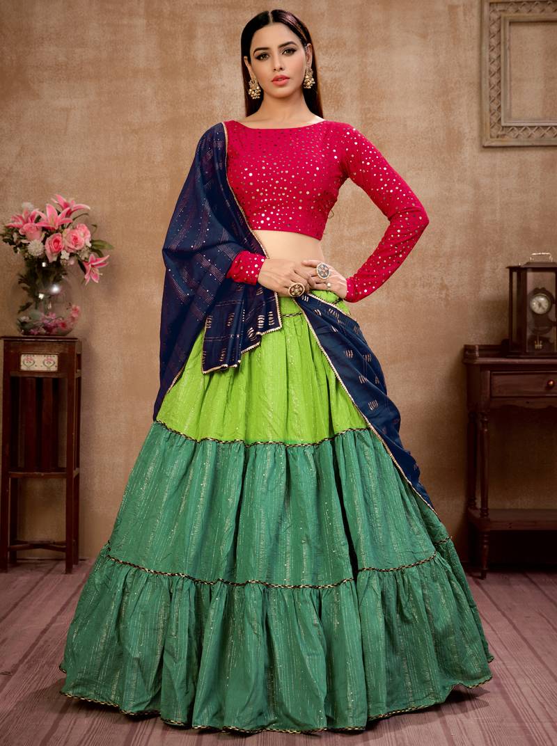 Green sequins embroidered cotton Semi Stitched Bridal Lehenga