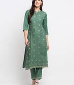 Green embroidered cotton ethnic-kurtis