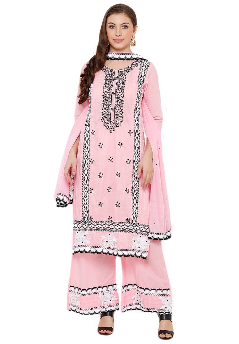 women's Light Pink & Black Cotton Readymade Salwar Kameez Suit Set