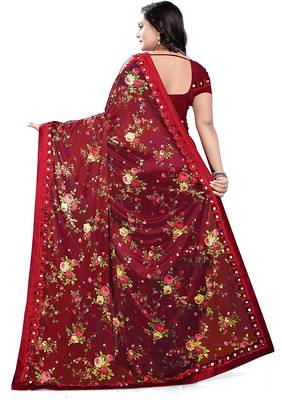 Red Art Silk   Printed  Saree With Blouse For Women 2