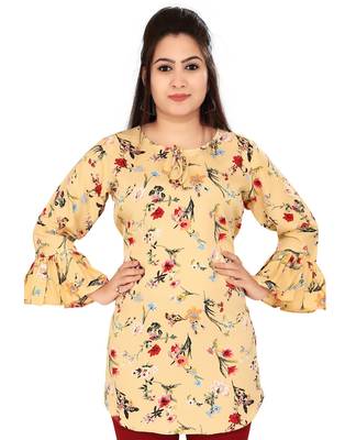 Beige printed crepe short-kurtis 1