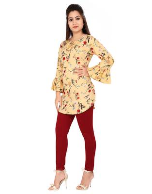 Beige printed crepe short-kurtis 3