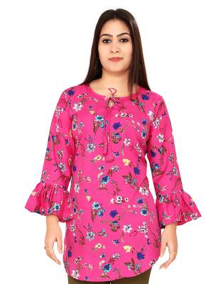 Pink printed crepe short-kurtis 1