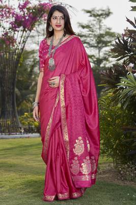 Pink woven banarasi silk saree with blouse 1