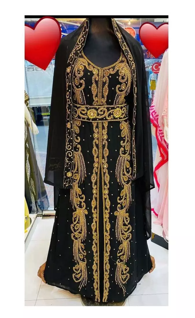 Black Zari Stone Work Georgette Islamic Style Beads Embedded Partywear Kaftan Long Gown Evening wear Dubai kaftan