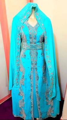 Blue/Firozi Zari Stone Work Georgette Islamic Style Beads Embedded Partywear Kaftan Long Gown Evening wear Dubai kaftan 2