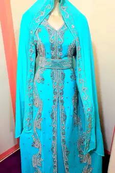 Blue/Firozi Zari Stone Work Georgette Islamic Style Beads Embedded Partywear Kaftan Long Gown Evening wear Dubai kaftan