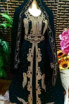 Black Zari Stone Work Georgette Islamic Style Beads Embedded Partywear Kaftan Long Gown Evening wear Dubai kaftan